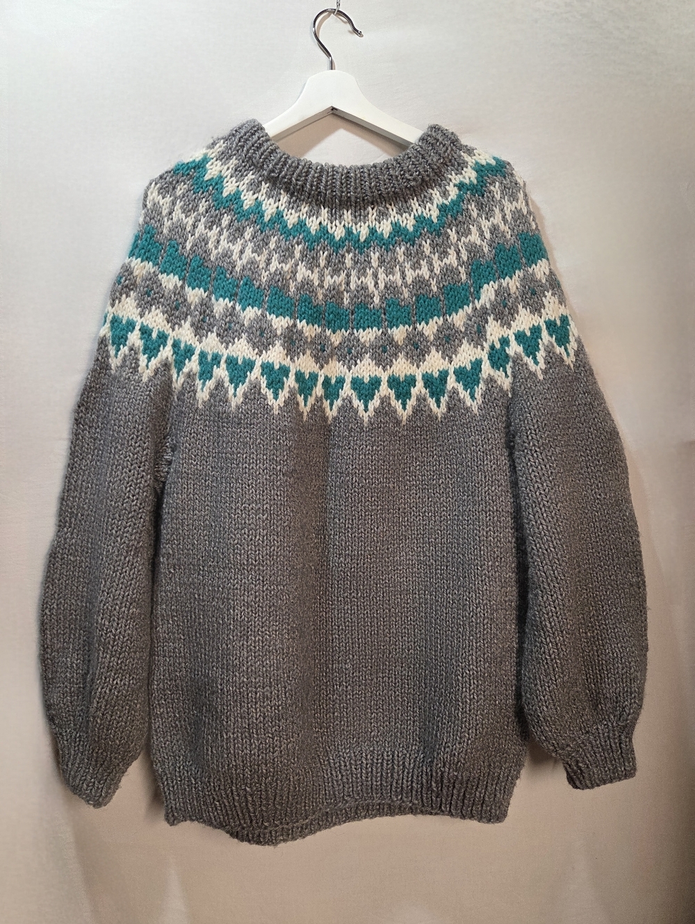 Handmade Knit Oversized Fishermans Sweater Fairisle-style Chunky Grey Teal Cream